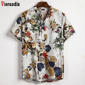 

Men New Linen Short Sleeve Summer Floral Loose Casual Hawaii Holiday Beach Shirts Mens Ethnic Printed Stand Collar Stripe Shirts