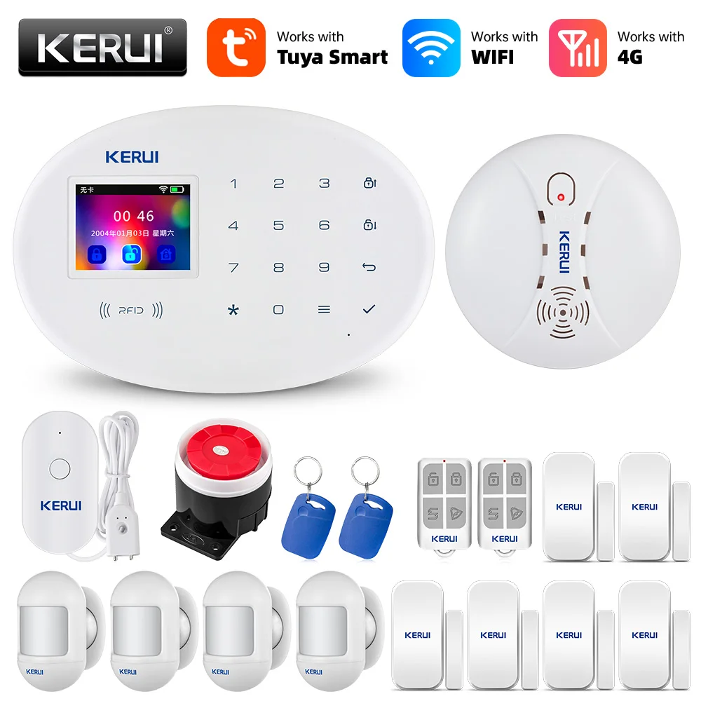 sound alarm device KERUI Tuya WIFI GSM 4G Smart Home Security Alarm System RFID APP Wireless Siren Sensor Detector IP Camera Sistema de alarmas security led lights Alarms & Sensors