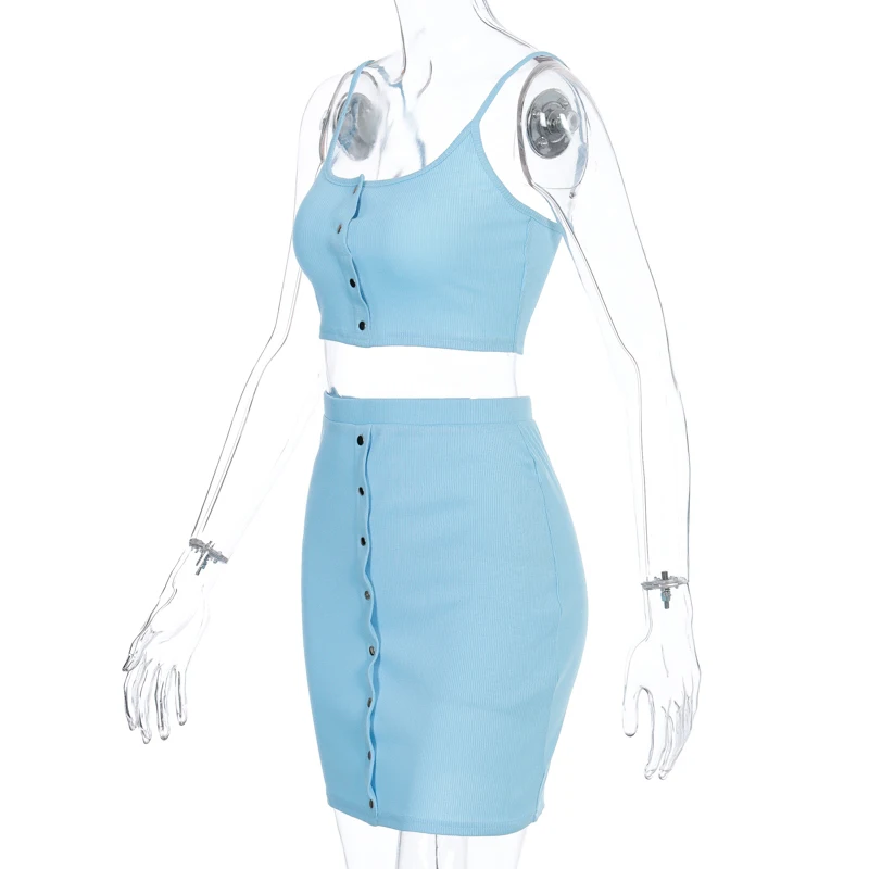 Hugcitar 2020 sleeveless buttons sexy crop top skirt 2 pieces set summer women fashion streetwear outfits tracksuit