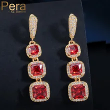 Pera Classic 3 Big Square Long Dangle Indian Red Cubic Zirconia Stone Earring Yellow Gold Color Vintage Women Party Jewelry E281 vintage royal design gold color created emerald green and red stone pave big drop indian zirconia jewelry set for women t187