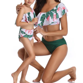 

2Pcs Mother Daughter Bikini Set One-shoulder Ruffle Swimsuit Leaf Swimwear