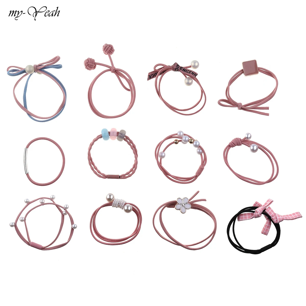 pink 12 шт./упак.; резинка для волос, обтянутая тканью кольцо с жемчугом и цветами из бисера и повязка для волос для детей и взрослых, косы оголовье Головные уборы Прическа аксессуары - Цвет: pink