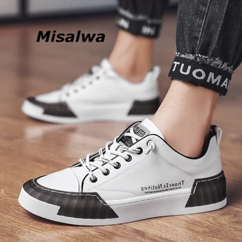 

Misalwa White Black Trendy Men PU Leather Sneakers Daily Casual Male Footwear Lace-up Round Head Flat Leisure Shoes 2020 New