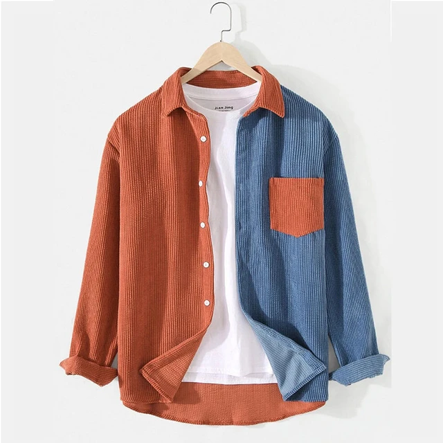 Orange Plaid Color Block Patchwork Shirt Jacket with Pocket