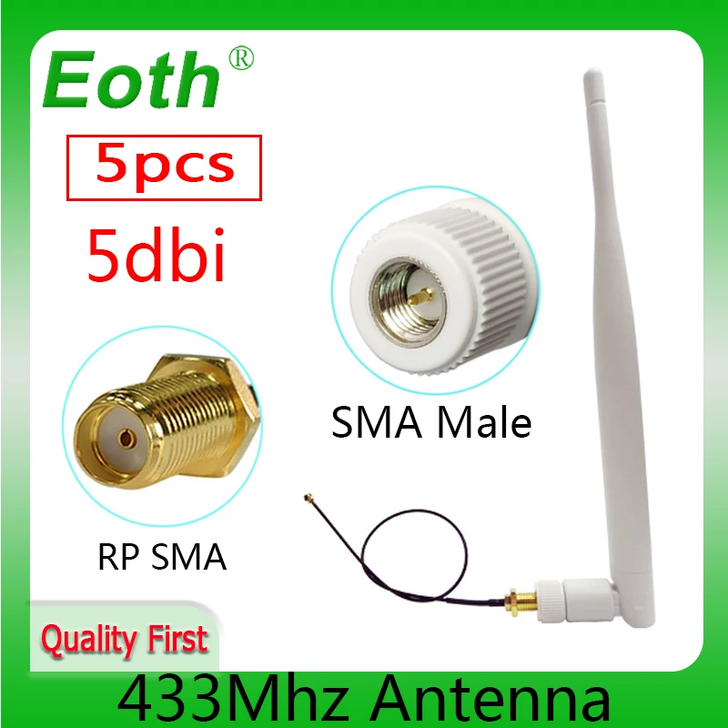 EOTH 5pcs 433mhz antenna 5dbi sma male lora iot module lorawan signal receiver antene ipex 1 SMA female pigtail Extension Cable