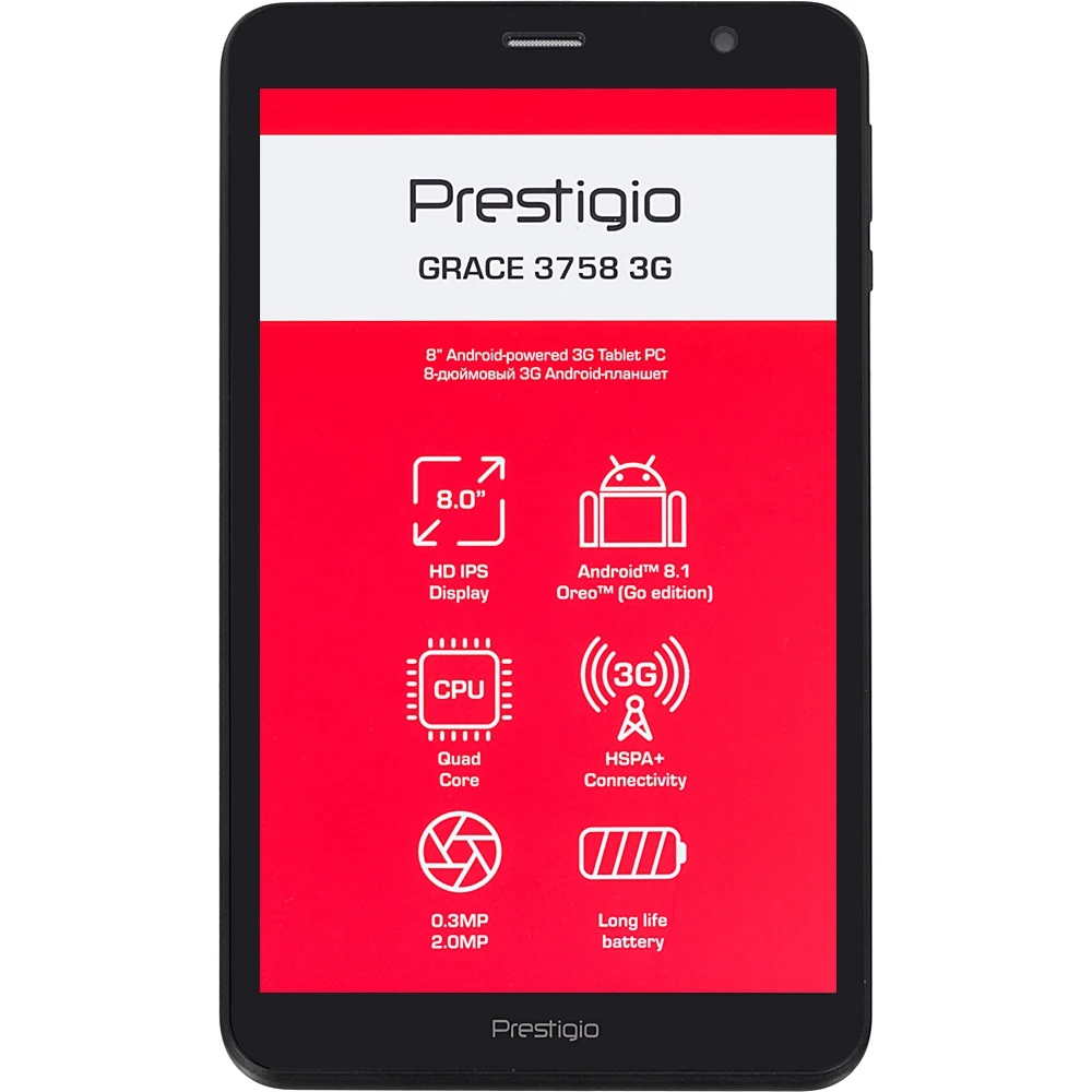 Планшет Prestigio Grace 3758 3G MTK8321 4C/1Gb/16Gb 8" IPS 1280x800/3G/And8.1/черный/BT/2Mpix/0.3Mpi