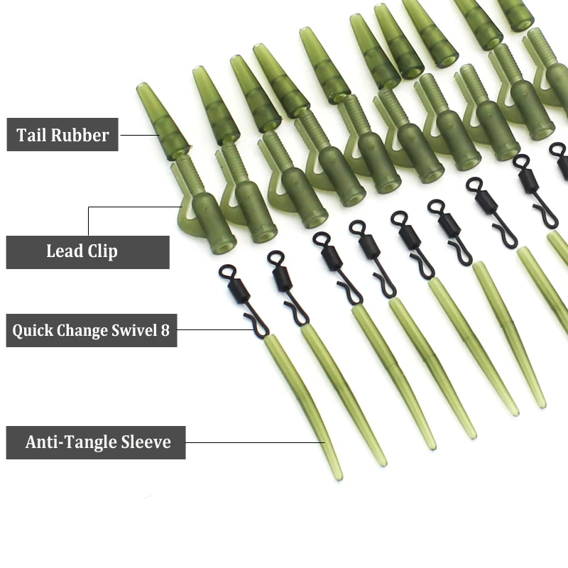 1Set=40PCS Carp Fishing Accessories Kit Rubber Lead Clips Anti Tangle Sleeve Quick Change Rolling Swivels Carp Rig Making Tackle