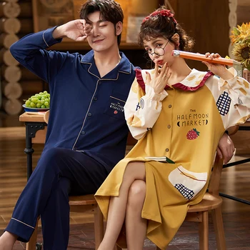 

XIZOU Homewear Couple 's Pajamas set Autumn Long-Sleeved Cotton Large Size Loose Men Women 's Two Piece Suit Casual Tops Winter