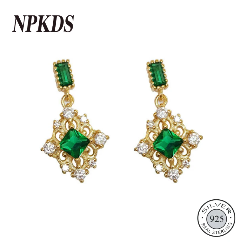 

Stering 925 Silver Square Emerald Earrings Green Zircon French Palace Women's Stud Earrings 925 Silver Girls Design Fine Jewelry