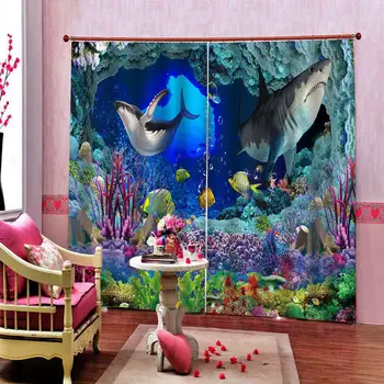 

Custom 3D Curtains Cartoon Style Underwater World Plants and Shark Chasing Little Fish Window Drapes For Children's room Decor