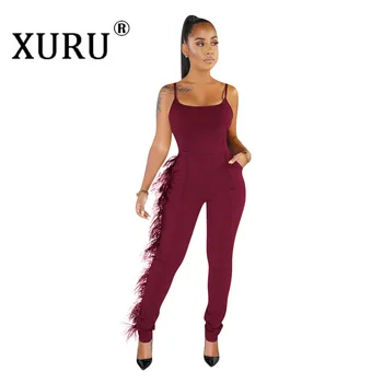 

XURU Europe and America Nightclub Women's Jumpsuit 2019 Autumn New Feather Side Jumpsuit