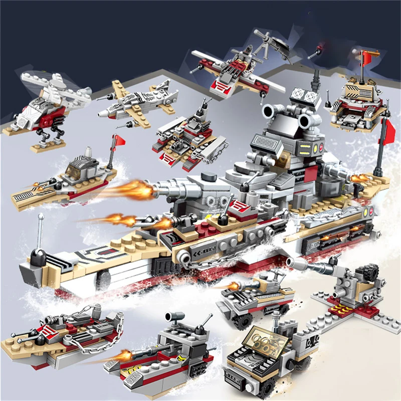502PCS 8 IN 1 Aircraft Compatible Block Building Blocks Army Figures Blocks Construction LegoINGlys Bricks Military Warship Toy (1)
