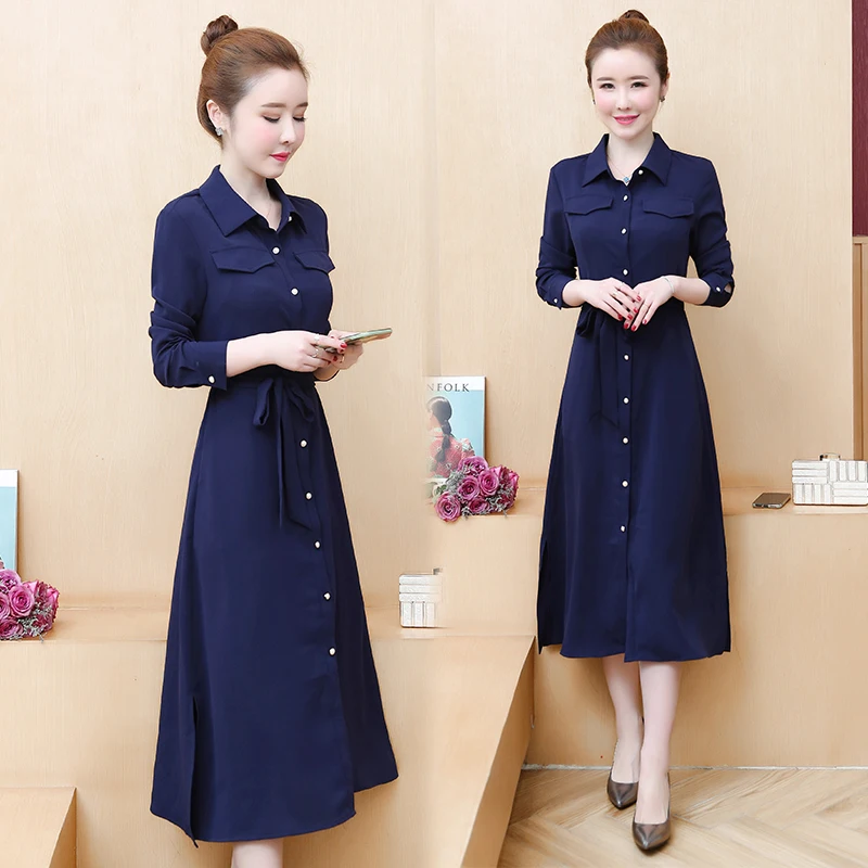 

2020 Spring Solid Sashes Fashion Turn-down Collar Dress L-5XL Natural Women Long Sleeve Mid-Calf Dress Bodycon Party Vestidos
