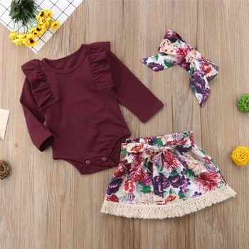 

New Newborn Infant Baby Girls Clothes Sets 3PCS Ruffles Solid Long Sleeve Romper Tops Floral Skirts+Headband 0-24M