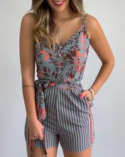 2020 Women Stylish Casual Low Cut Fashion Romper Leaf Print Striped Spaghetti Straap Tied Romper