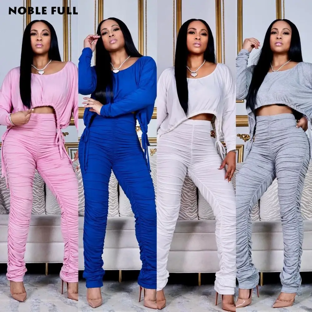 

Solid Colors Ruched Drawstring 2 Piece Set for Women outfit One Shoulder Long Sleeve Crop Top and Stacked Skinny Pants