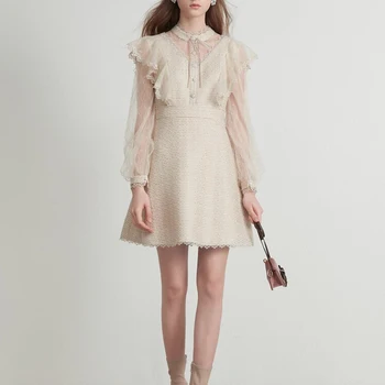 

Gedivoen 2020 Fashion Designer Short Dress Women Long Sleeve Patchwork Ruffles Mesh Mini Dress Elegant Lady Party Dresses