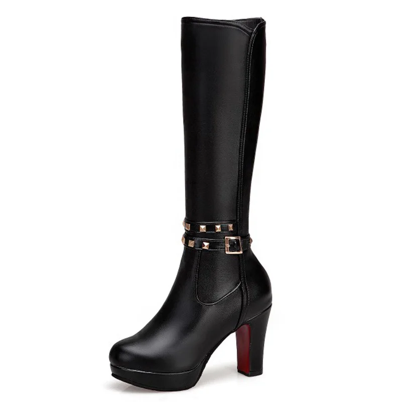 

KALENMOS Knee High Boots Women High Heel Platform Rivet Motorcycle Boots Ladies Square Heel Long Boots Winter Shoes Size 33-44
