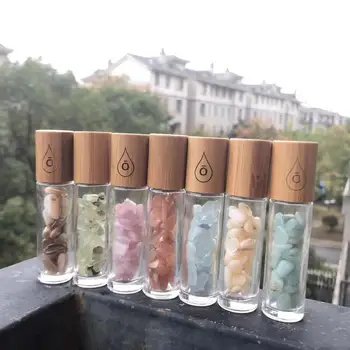 

10ml Natural Semiprecious Stones Roll on Bottles Gemstone Essential Oil Roller Bottles Bamboo Cover Perfume bottle with wood lid