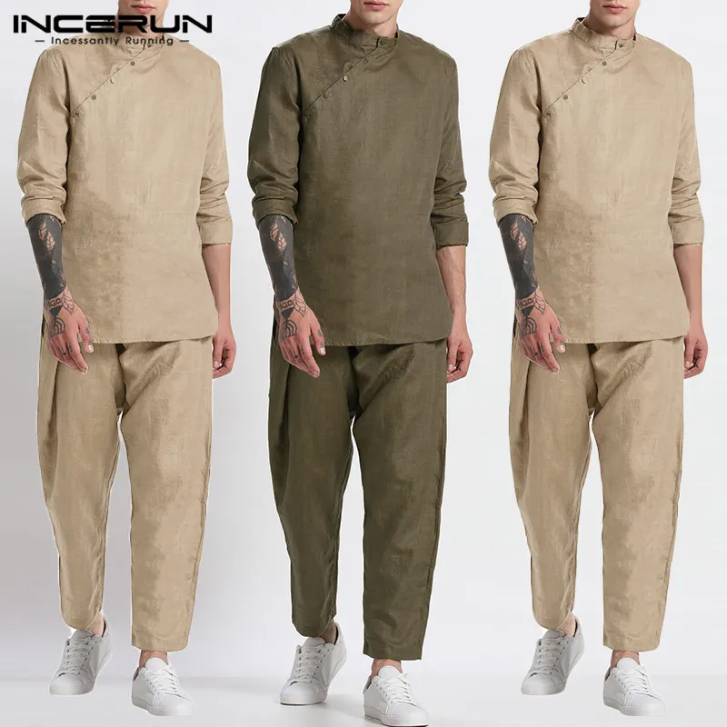 INCERUN Vintage Solid Color Suits Men Leisure Muslim Sets Long Sleeve Stand Collar Blous Elastic Pants Suits Cotton 2 Pieces 5XL INCERUN Vintage Solid Color Suits Men Leisure Muslim Sets Long Sleeve Stand Collar Blous Elastic Pants Suits Cotton 2 Pieces 5XL