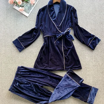 

High Quality Newest Gold Velvet Women Pajama Sets Long Sleeve Trouser 2 Pieces Suit Sleepwear Home Cloth Autumn Winter пижама