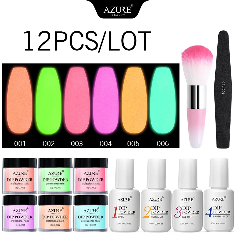 

Azure Beauty 12Pcs/Lot Chameleon In Dark Dipping Powder Neon Phosphor Holographic Nail Dip Powder Natural Dry Powder Kits