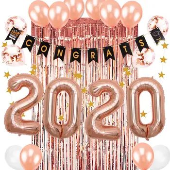 

24pcs Graduation 2020 Rose Gold Graduation Party Decorations Backdrop Latex Balloons Fringe Tinsel Curtain Congrats Banner