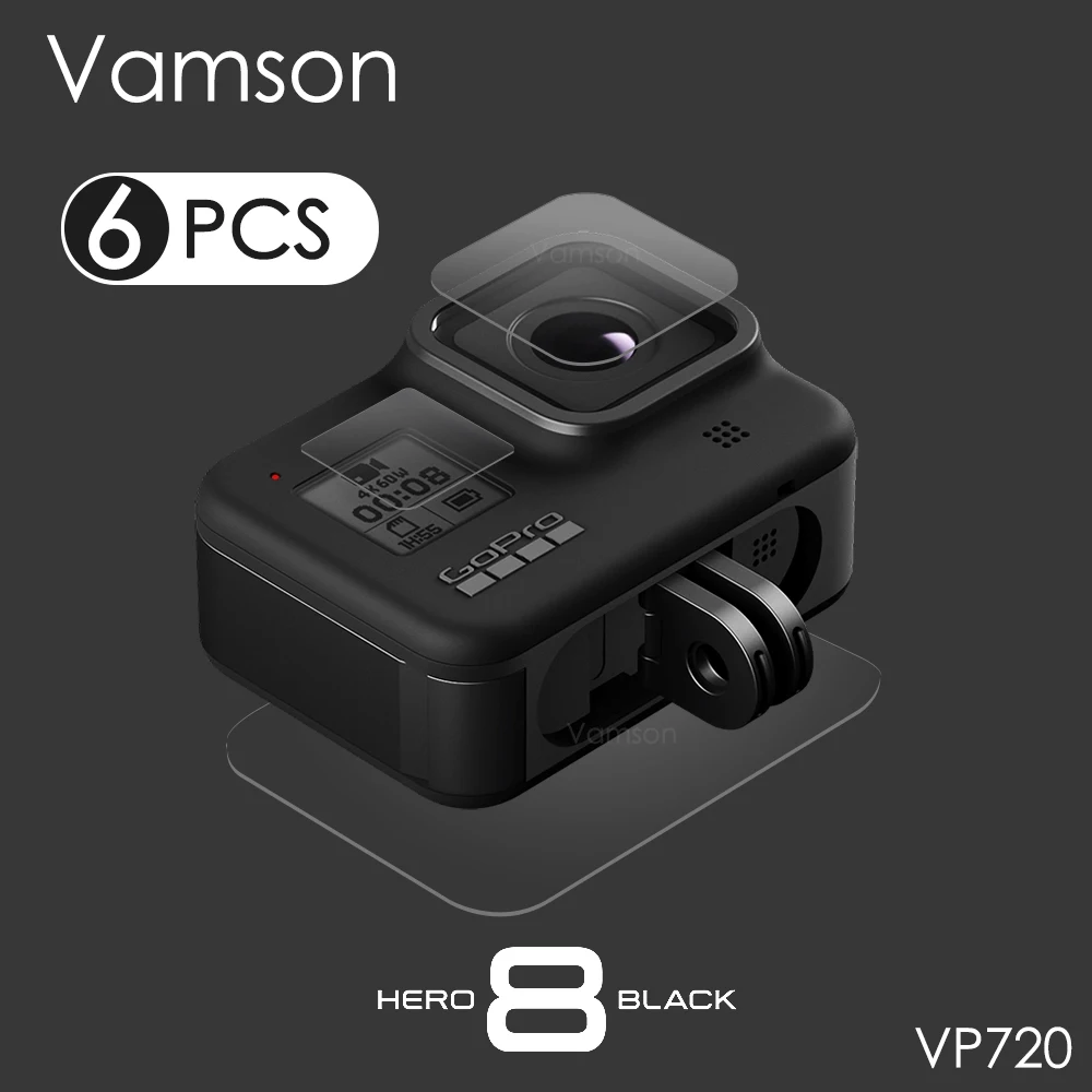 Черное закаленное стекло для объектива Vamson GoPro Hero 8 + Защитная пленка ЖК экрана Go Pro