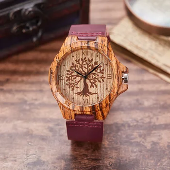 Reloj de pulsera de cuarzo con diseño árbol de la vida para hombre y mujer, cronógrafo de imitación de madera creativo, correa trenzada, cuero suave, tus, UHR