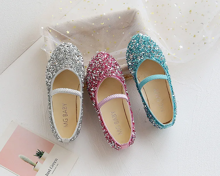 slippers for boy Kids Girls Blue Silver Crystal Princess Shoes Little Baby Sequined Glitter Non-Slip Wedding Party Children's Leather Shoes New extra wide children's shoes