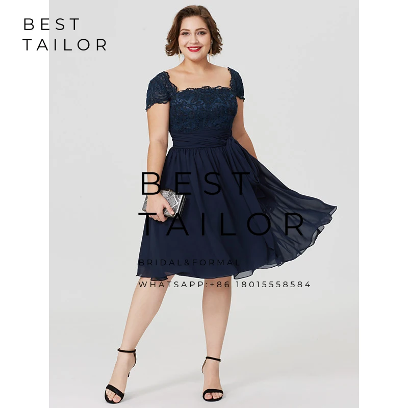 Navy Blue Темно-синие короткие платья для матери невесты, большие размеры, до колена, с квадратным вырезом, с рукавами-крылышками, Свадебные Вечерние Платья De Madrinha - Цвет: Navy Blue
