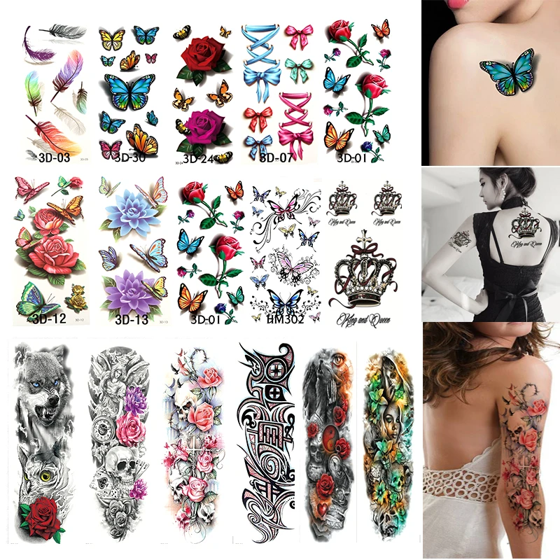 Tatuajes Temporales impermeables para tatuajes de mujer, pegatinas para arte corporal, brazo, transferencia de agua, rosa, flor, Flash, manga de tatuaje