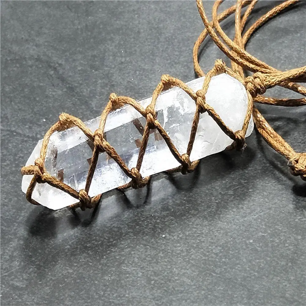 

Natural White Amethyst Quartz Crystal Column Pendant Healing Stone Craft With Weave Rope Gemston Wand Reiki Hangings