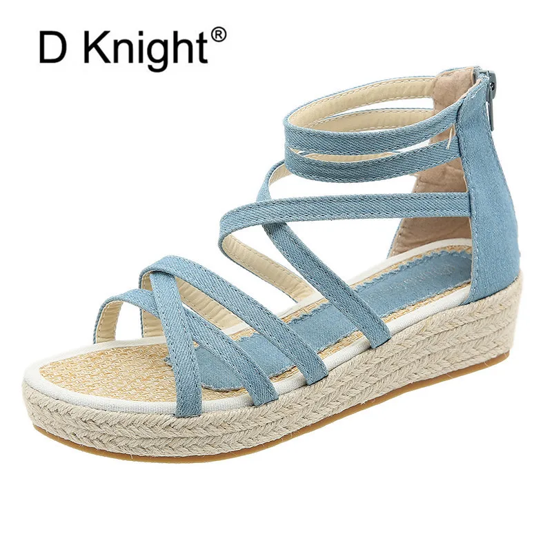 

Plus Size Blue Cross Strp Wedges Heel Sandals Shoes For Woman Cover Heel Back Zippers Flip Flops Ladies Platform Sandals Shoes