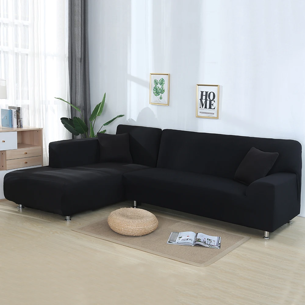 Одноцветный плотный чехол для дивана для гостиной эластичный 2 шт. l-образный секционный угловой диван Чехлы - Цвет: black