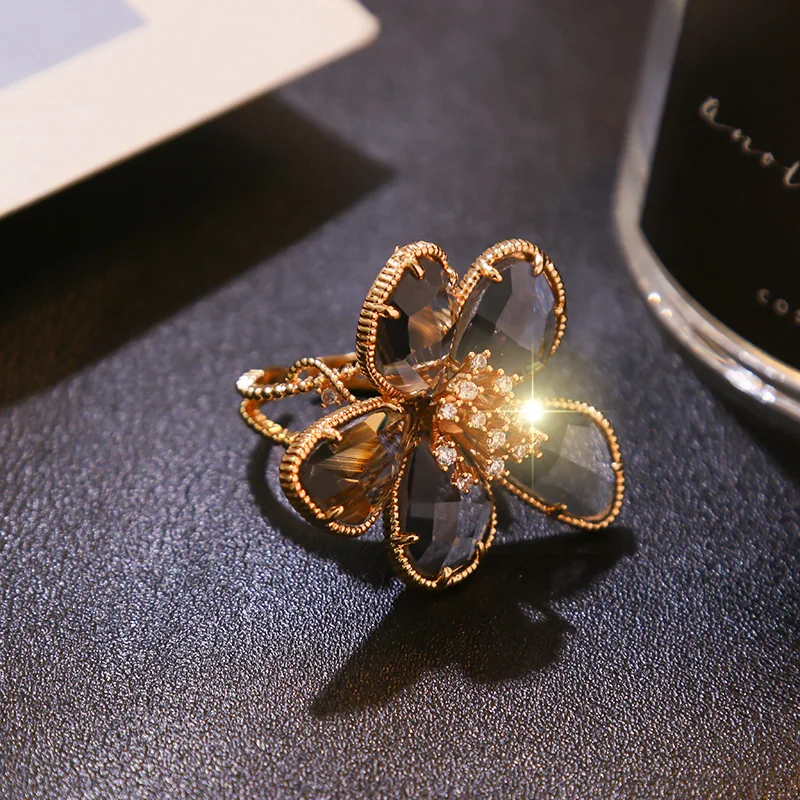 Модные Кристальные кольца с лепестками для женщин Золотой серебристый цвет открыт Регулируемый Женский увеличительное кольцо для указательного пальца модное ювелирное изделие