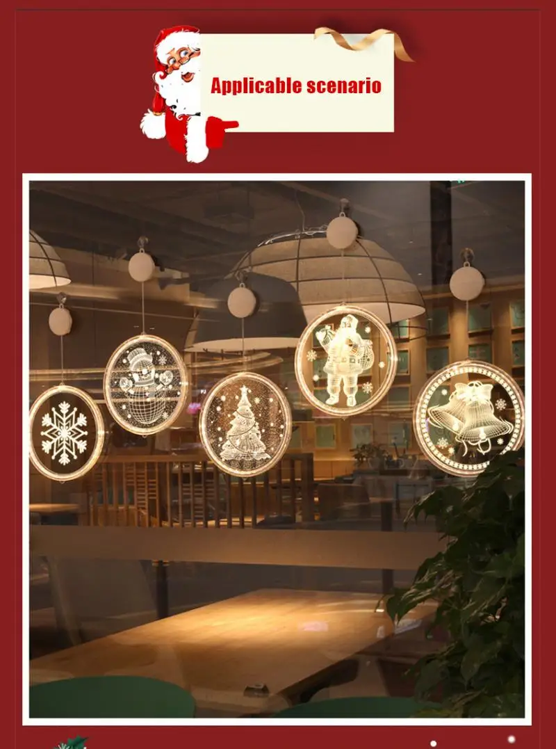 Christmas Light LED Night Light 3D Hanging Fairy String Light Round Santa Claus Lamp With Suction Door Window Holiday Decoration firefly string lights