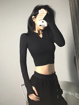 

Crop Top Sexy Navel Tight Sports Women's Elasticity Slimming Yoga Clothes Long Sleeve Running Training Fitness Clothing Autumn