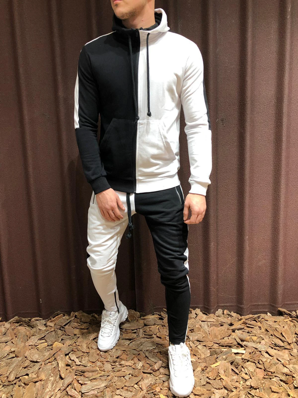 Половина черный половина белые брюки и футболка мужской спортивный костюм сращивающийся костюм мужской спортивный костюм Толстовка комплект из двух предметов осень-зима спортивный костюм - Цвет: white sets