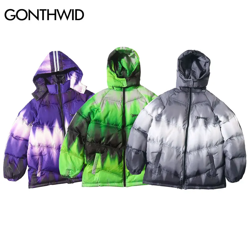 GONTHWID 3 м Светоотражающие Полосы Tie Dye Puffer хлопковые стеганые съемные парки с капюшоном уличная хип-хоп Повседневная Толстая парка куртка