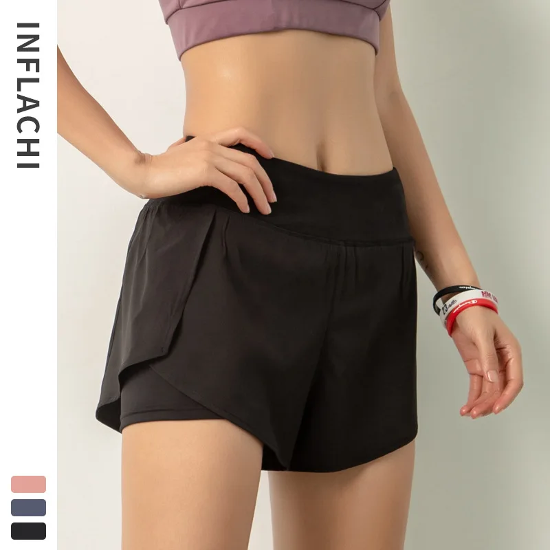 

Breathable Fake Two Pairs Of Shorts Sweat-absorbing Quick-drying Loose Pocket Yoga Shorts Tying Solid Outdoor Sports Shorts