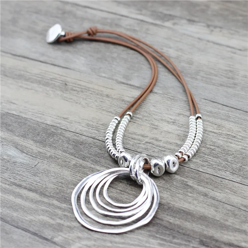 Anslow Trendy Round With Round Pendant Neckalce For Women Vintage Boho Genuine Leather Necklace Valentine's Day Gift LOW0022AN - Image 2
