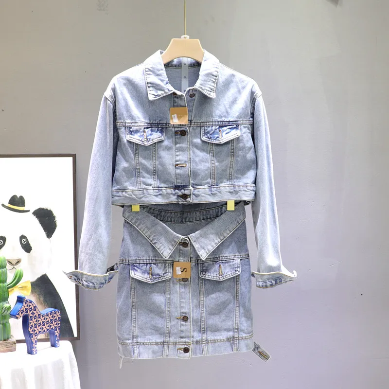 

2020 Spring Summer New Jeans Coat Suit Women Two Piece Set Fashion Short Blue Cowboy Jacket + Short Jean Skirt Sets Casual Suits