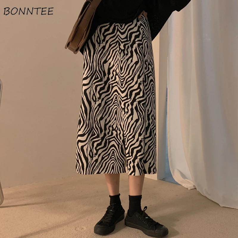 Zebra Striped Skirts Women Midi Spring Stylish Empire Bf Casual