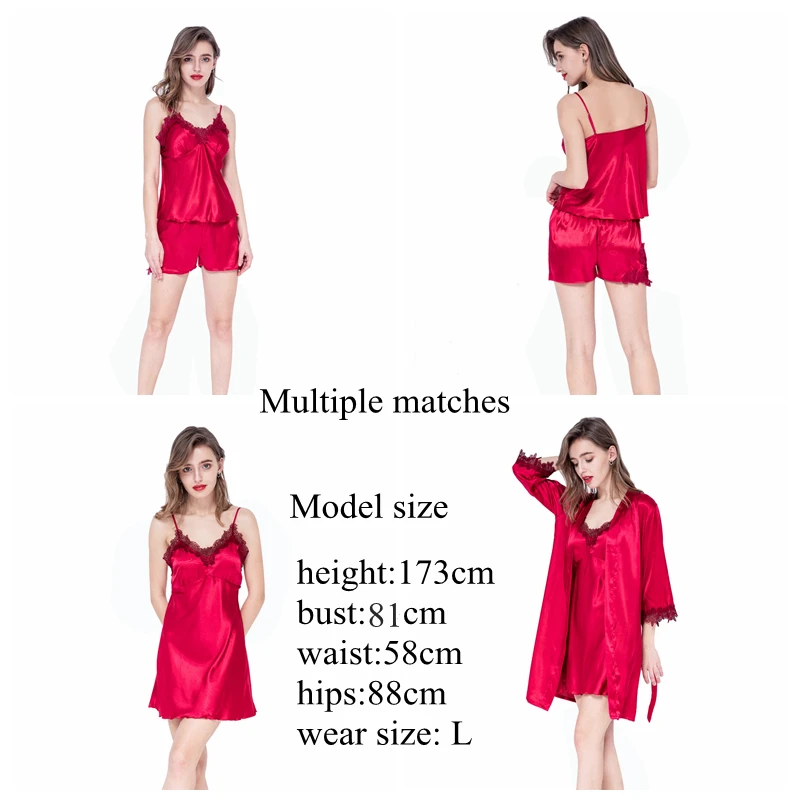 Kupokasi 5 Piece Women Pajamas Set Sexy Stain Robe Suit Faux Silk Dressing Gown Lace Autumn Sleepwear With Chest Pads