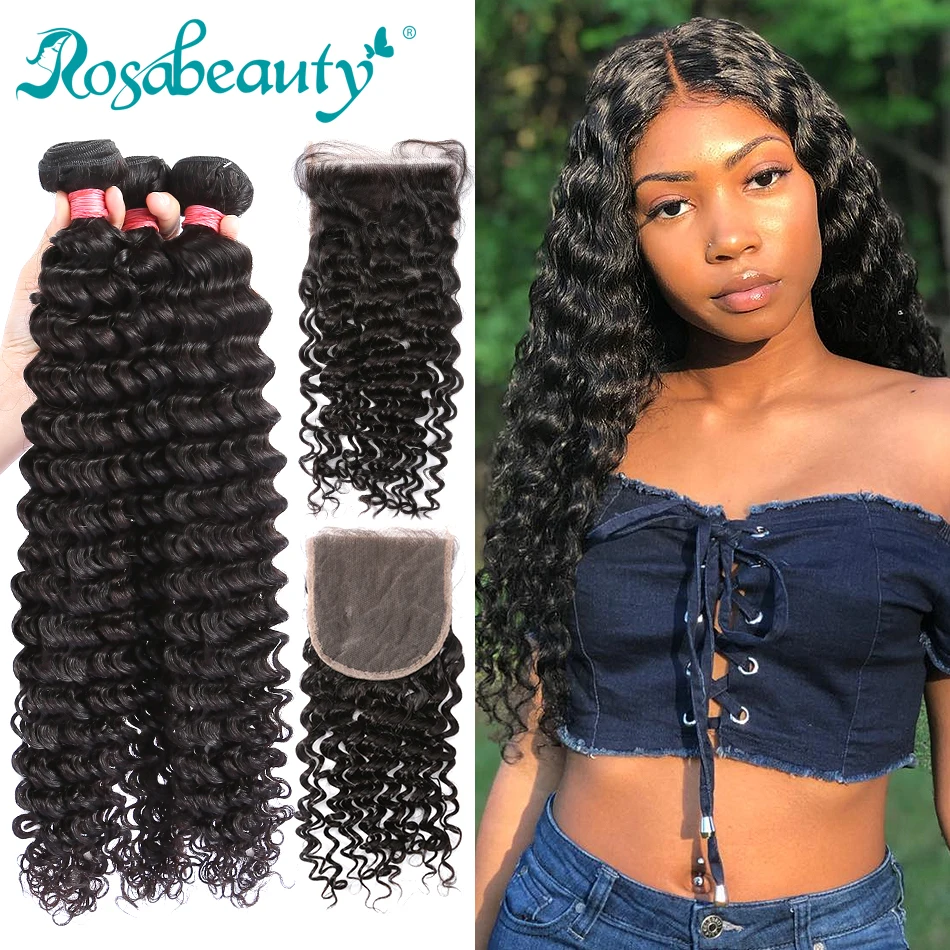  Rosabeauty 28 30 inch Deep Wave Bundles With Closure Peruvian Remy Human Hair Weaves Water Curly an