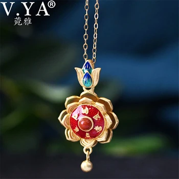 

V.YA 925 Sterling Silver Lotus Pendant Six Word Eight-petal Lotus Prayer Wheel Earrings Ethnic Silver Woman Fine Jewelry