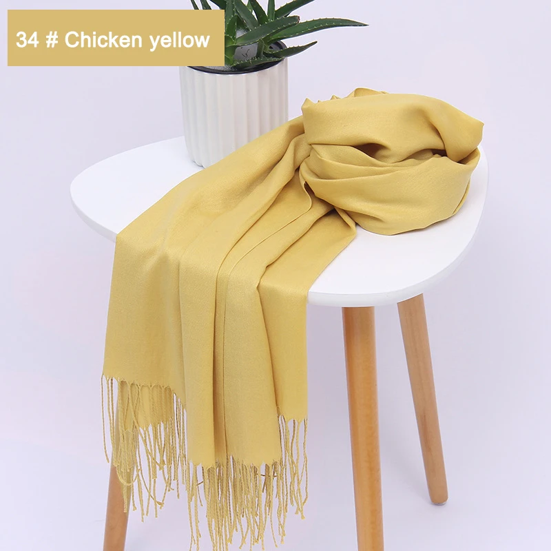 34 Chicken yellow Женские однотонные хлопковые шарфы с кисточками, женский зимний тонкий весенний шарф, летняя роскошная женская шаль, теплый шарф для женщин - Цвет: 34 Chicken yellow