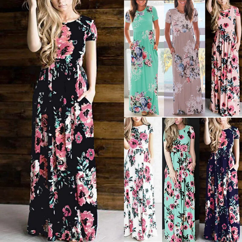 

2019 Hot Women Floral Printing Round Collar Long Maxi Dress for Summer Evening Party Beach CGU 88