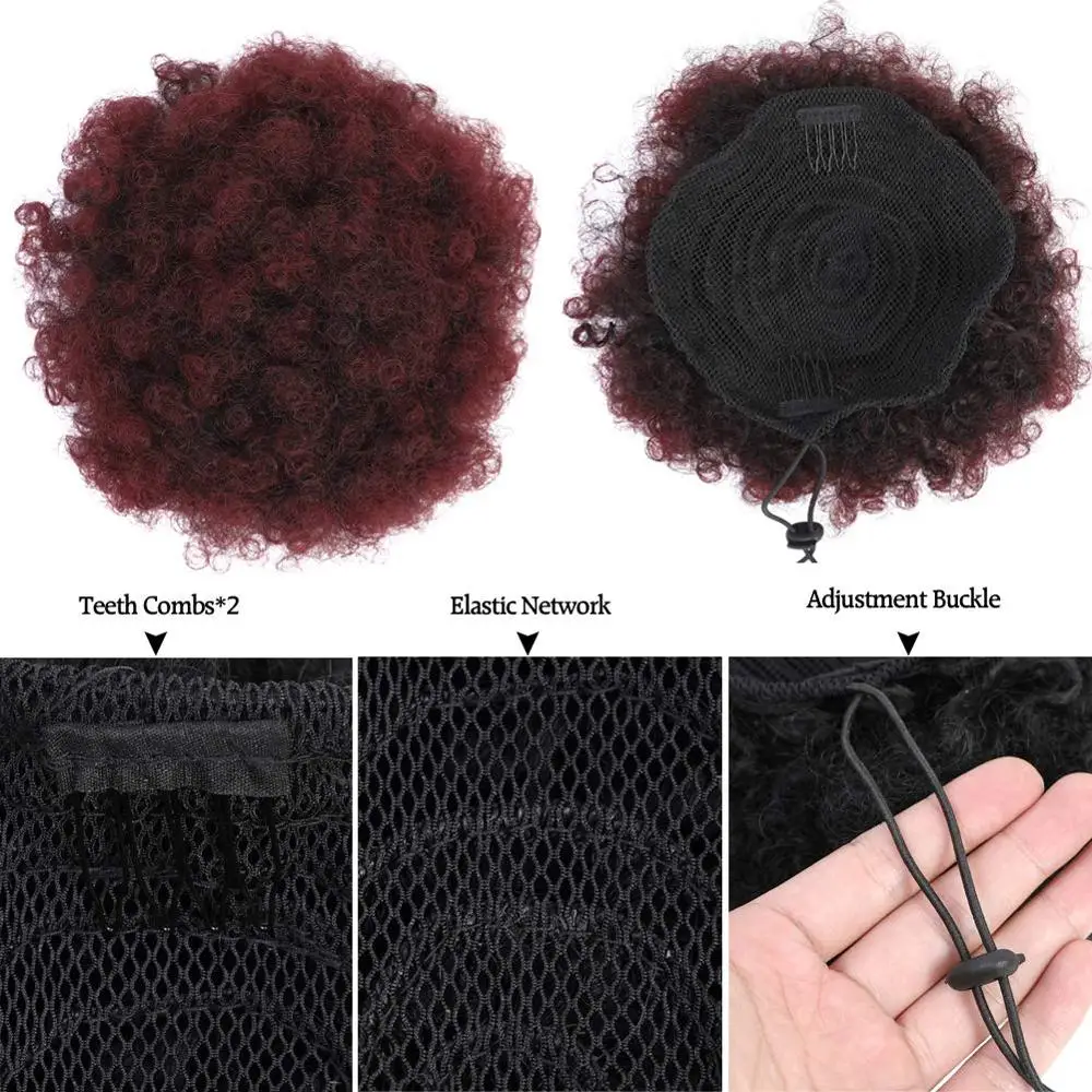 2PCS Short Afro Hair Bun Puff Synthetic Kinky Curly Chignon Hairpiece For Women Drawstring Ponytail Updo Hair Extensions